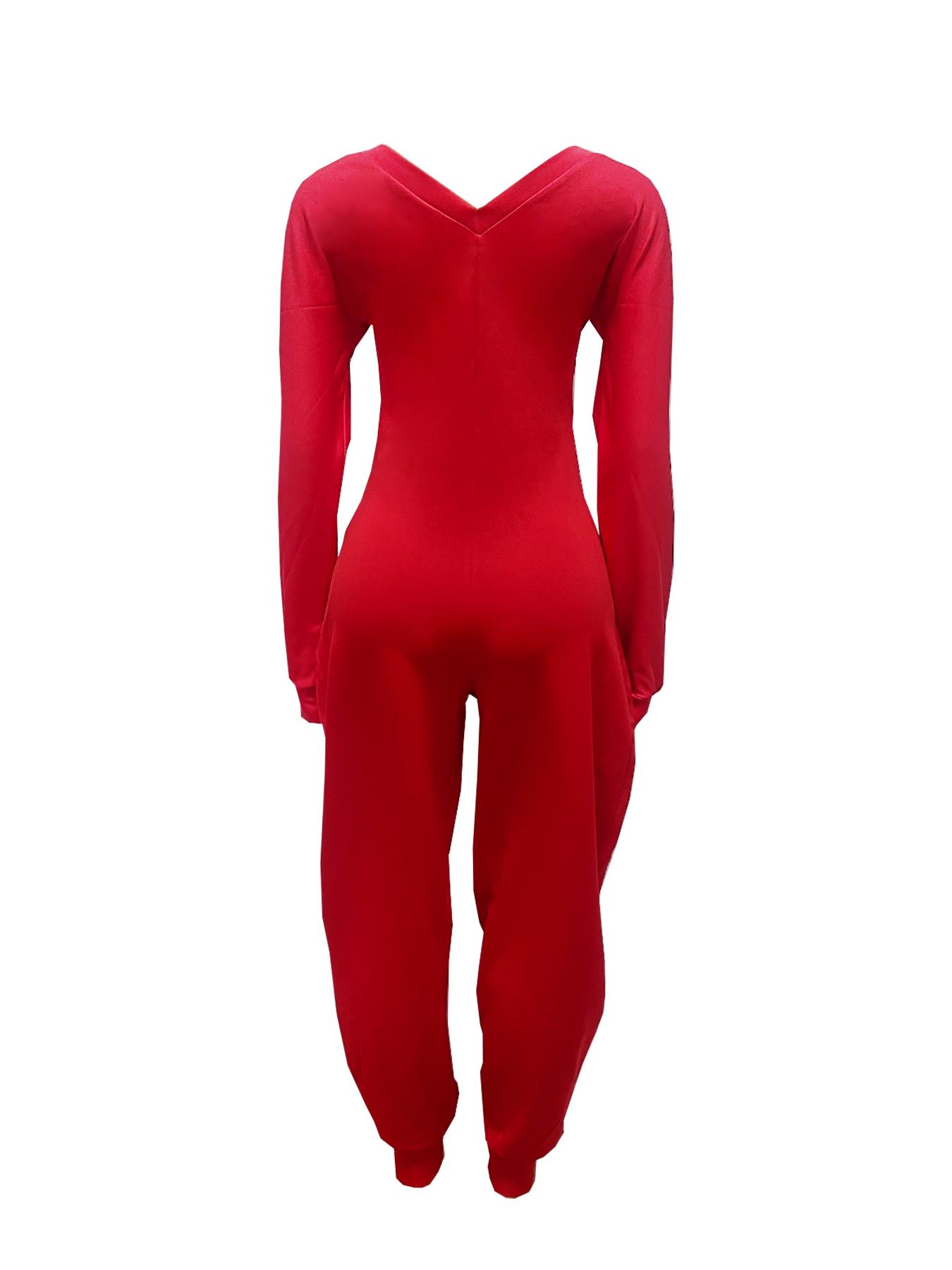 Women's Fall Winter Casual Fitted V Neck Long Sleeve Jumpsuit Womenswear, Plain Pattern, Moderate Fabric Thickness, Perfect for Daily Wear