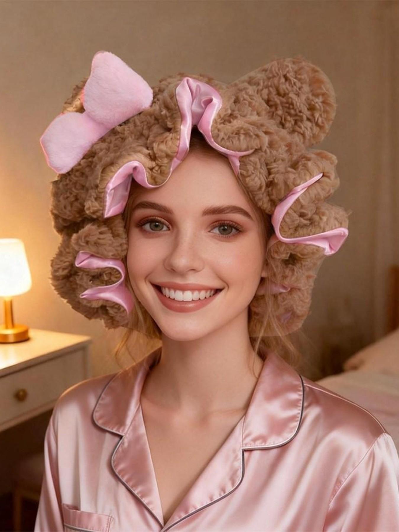 1PC Women' Teddy Bear Bonnet Adjustable Plush 3d bonnets, Plush Teddy Satin-lined Bonnets，Breathable Sleep Bonnet for New Year Parties, Holiday & Winter Events， - Cute Hair Care Cap for Themed Events & Casual Attire