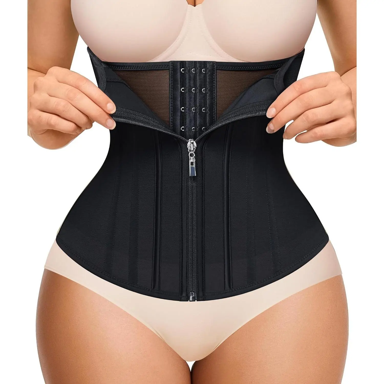 Waist Trainer for Women with Outer Zipper Corset Shapewear Faja Body Shaper - Tummy Control Waist Cincher with 11 Steel Bones for Back Support, Adjustable Hooks, for Workouts and PostpartumGift