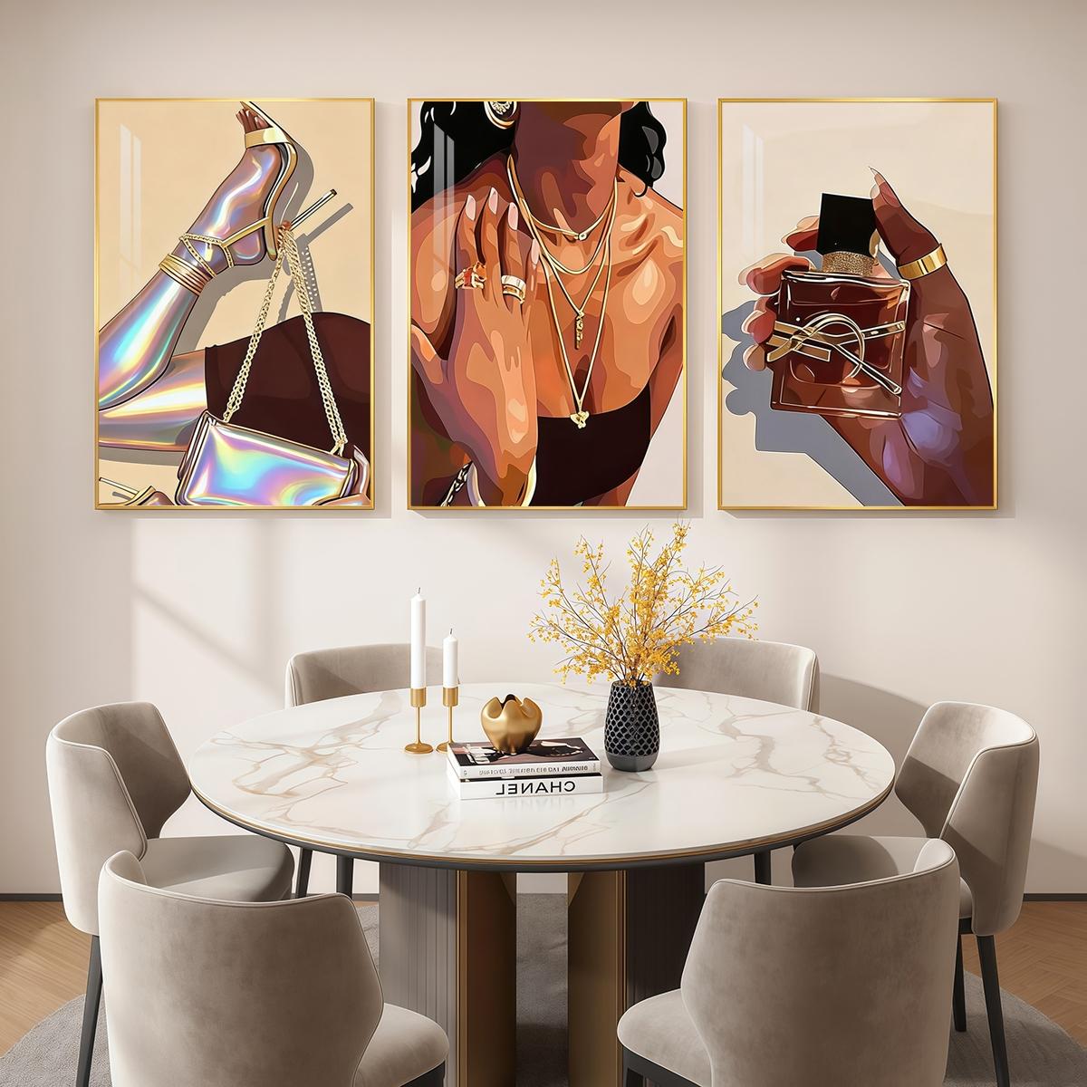 3 Counts Aluminum Alloy Framed Painting, Fashion Woman With Gold Jewelry And Perfume Art Pictures, Home Decoration For Living Room, Bedroom, Office, Restaurant, Hallway Wall Decor, Odorless Print Artwork, Luxury Perfect Gift For Friends And Family