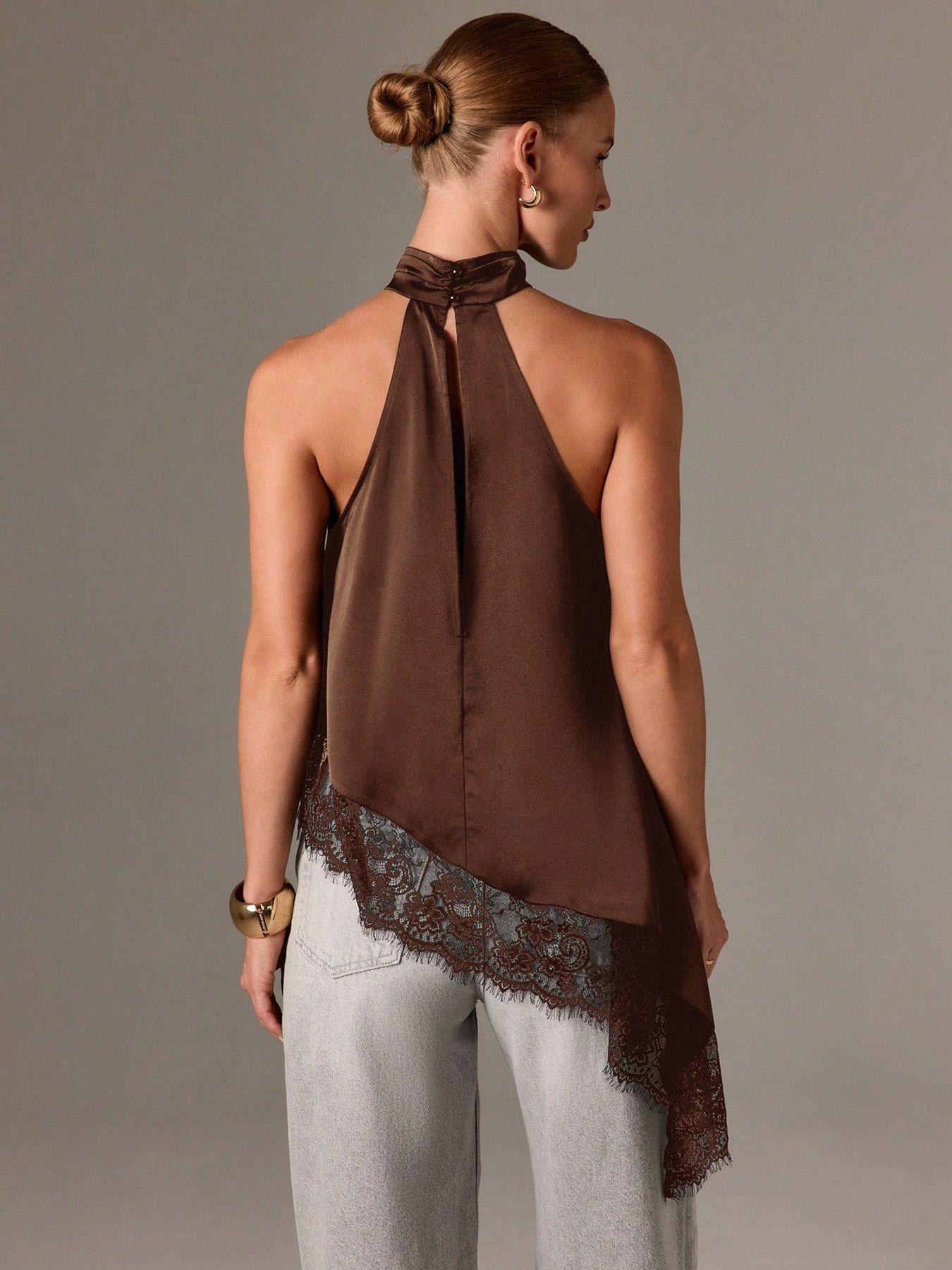 Elegant Asymmetric High Neck Satin Halter Top with Lace Trim, Sleeveless Design for Evening Parties and Formal Occasions