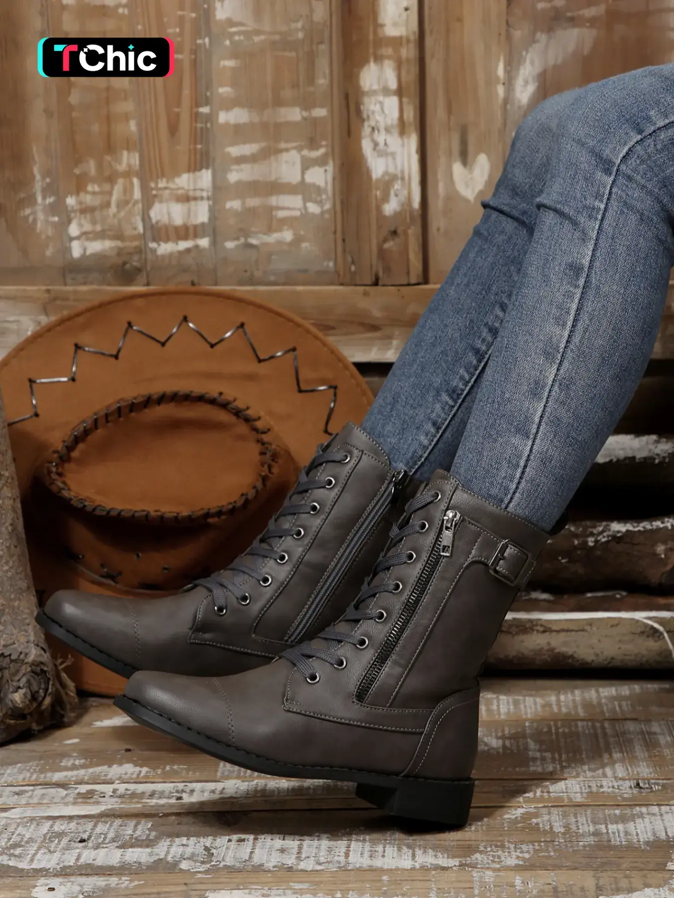 Women's Large Size Flat Short Boots with Side Zipper, Fashion Lace-Up Mid-Calf Round Toe Plain Color Comfortable Stylish Shoes Pull On Boots Casual Boots Footwear Boot