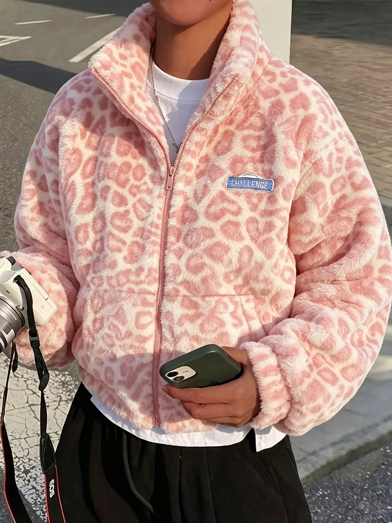 Women's Stand-Collar Leopard Print Fleece Zip-Up Jacket, Coats, Y2K Sweet and Cool Street Style, Suitable for Autumn Street Shooting and Daily Casual Outings