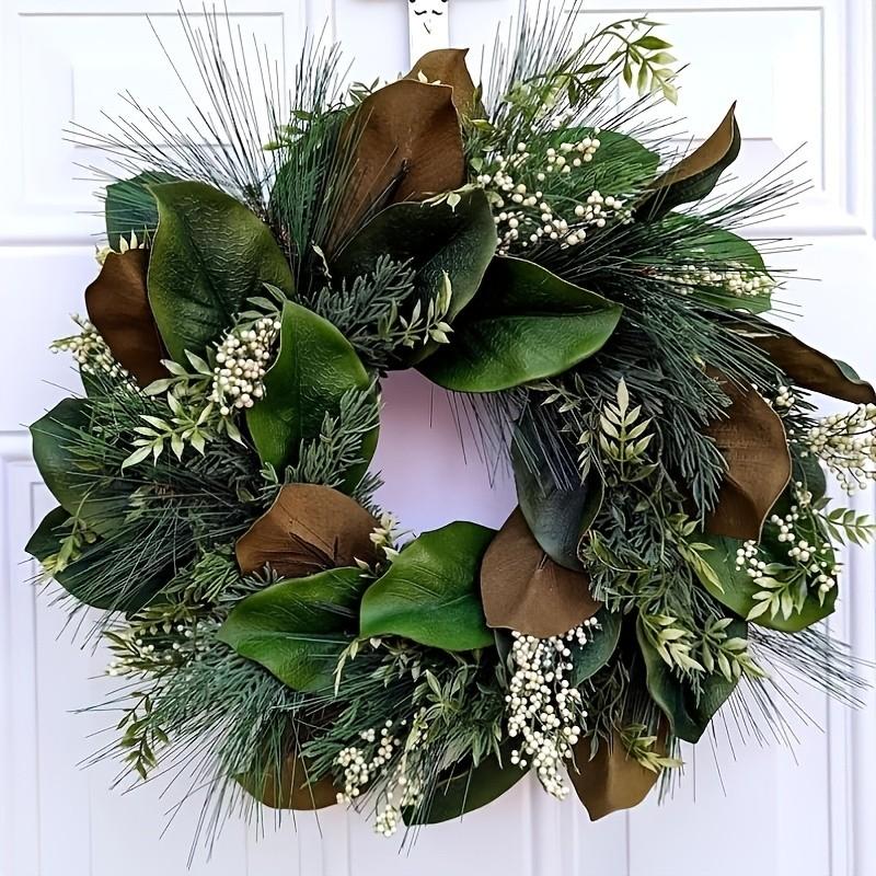 Realistic Magnolia Leaf Front Door Wreath, Summer Greenery Wreath with Pine Needles & Berries, Fall Thanksgiving Decor, All-Season Door Hanger