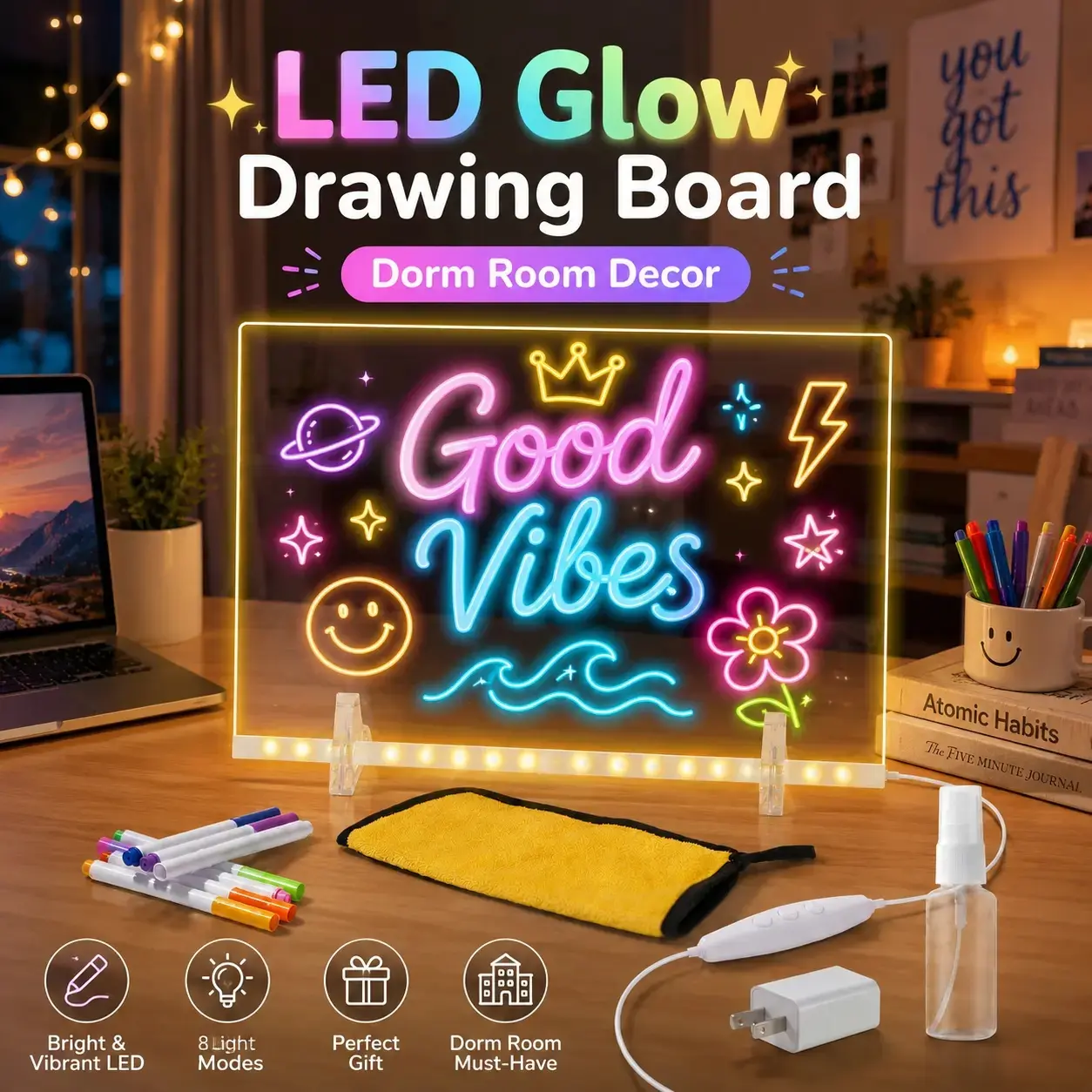 Light Up LED Message Board, Reusable Acrylic Writing & Drawing Board with 4 Lighting Modes, Easy Wipe Doodle Memo Board for Bedroom, Desk, Students, Teens & Gifts
