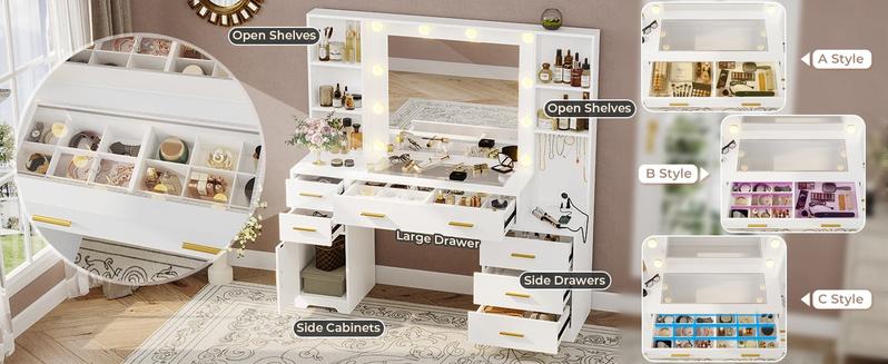 Sikaic 48.8 Inches Large Makeup Vanity Desk with Lighted Mirror & Power Outlet Glass Tabletop Bedroom Dressing Table