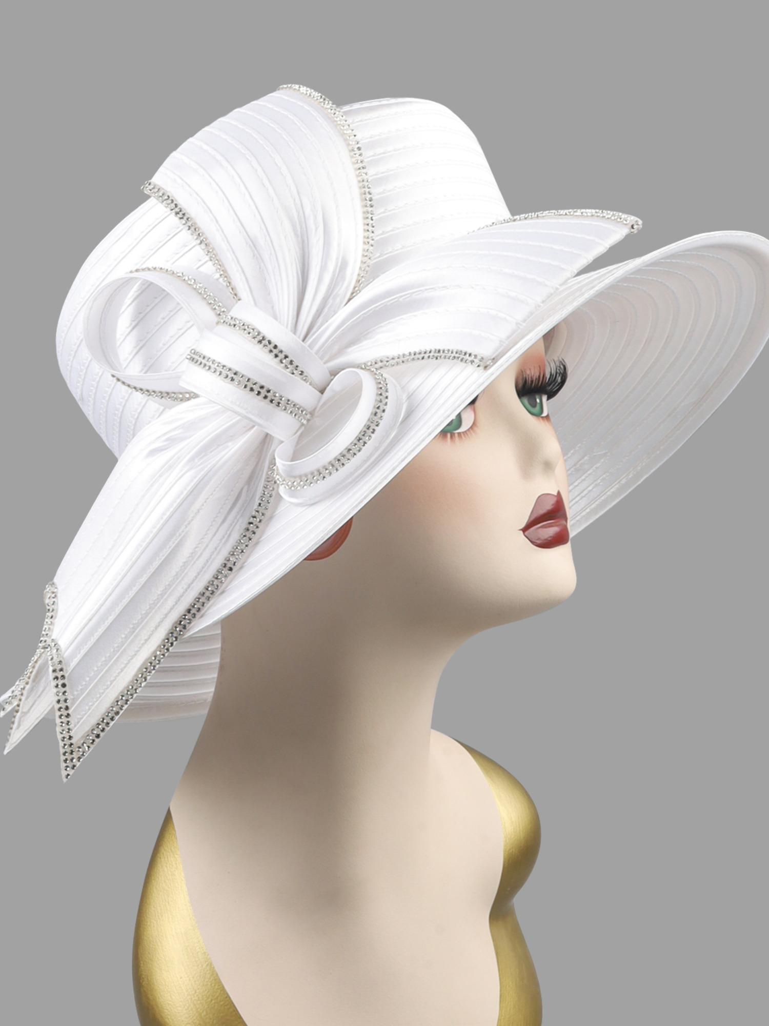 Womens Satin Ribbon Church Wedding Sun Wedding Occasion Hat Elegant Bow Church Hat for Women, Vintage Satin Rhinestone  main image 3