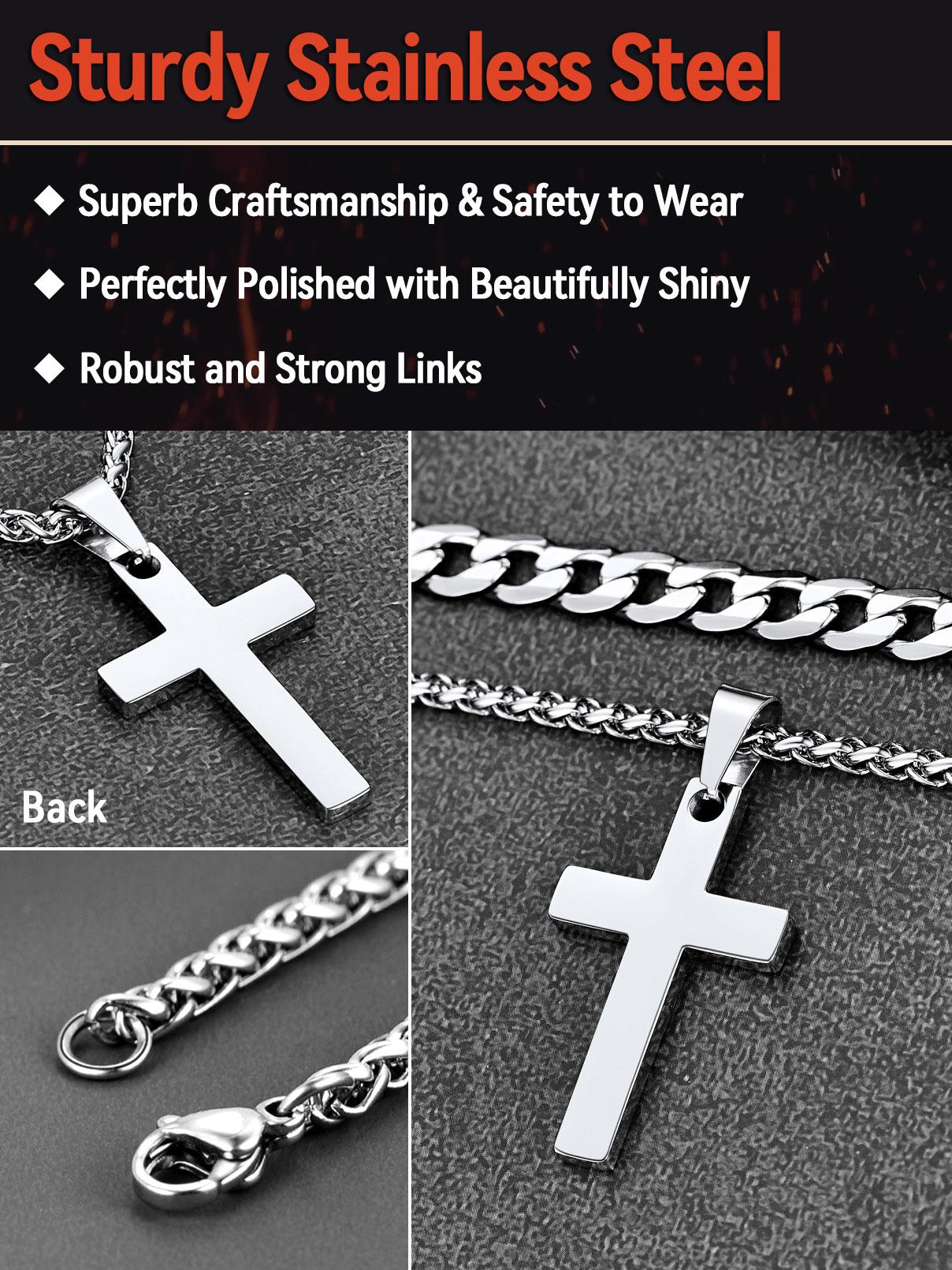 PROSTEEL Double Layered Cross Pendant Necklace Set Stainless Steel Catholic Crucifix Cuban Chain Necklace Religious Jewelry For Men Women Gift Box