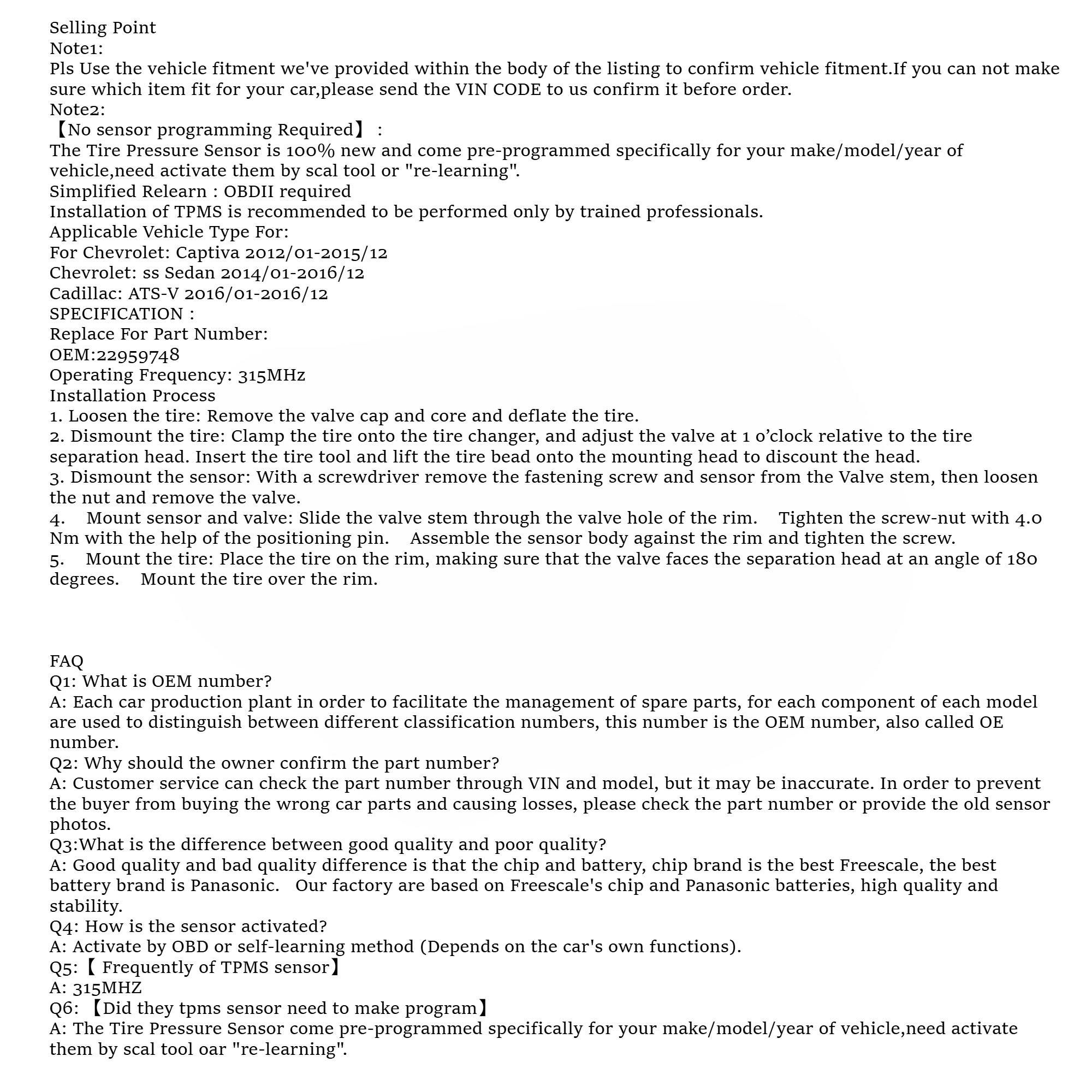 1Pcs/4Pcs TPMS/Tire Pressure Sensor OEM#22959748 #315MHZ For #CHEVROLET:CAPTIVA(2012/01-2015/12) SS(2014/01-2016/12) #CADILLAC:ATS-V(2016)
