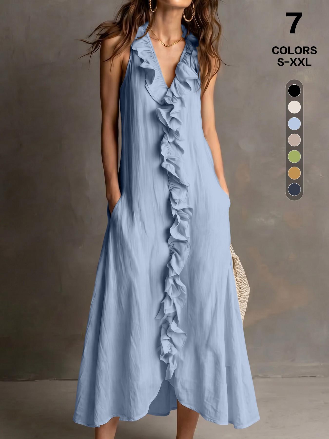 Elegant Chic Summer Boho Bohemian V-Neck Sleeveless Halter Maxi Dress for Women with Ruffle Trim, Comfortable Textured Fabric, Pockets, Multi-Size, Casual Wear, Everyday & Vacation Wear, Womenswear