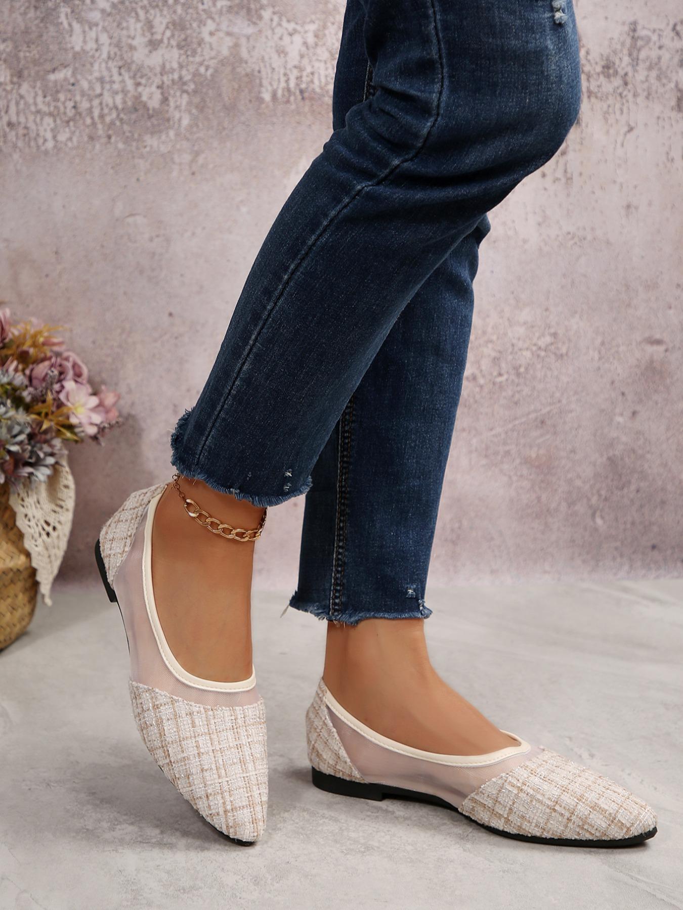 Women's Casual Slip-On Soft Sole Flats Size 36-42, Comfortable All Season Shoes, Breathable Mesh Patchwork Design, Pointed Toe Low Heel, Footwear
