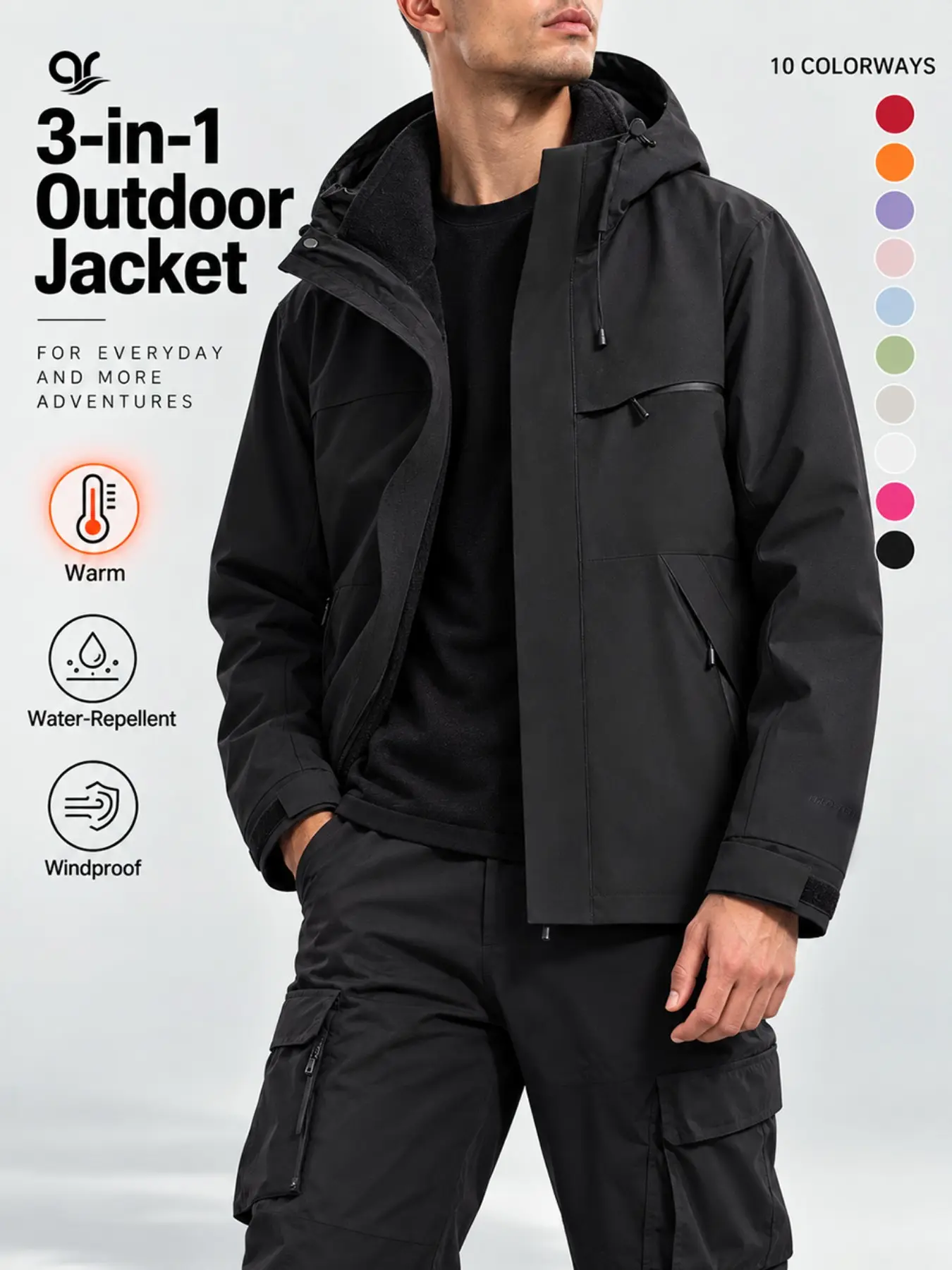 AR Men's 3-in-1 Waterproof Winter Ski Sports Jacket Detachable Fleece Lined Windproof Snowboard Coat Hooded Thermal Mountain Parka for Outdoor Hiking Camping Travel Daily Commute Streetwear