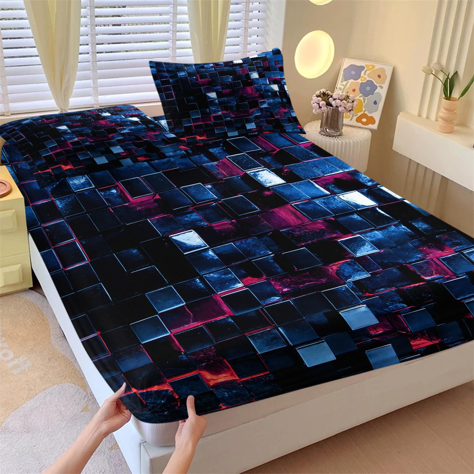 Sci-Fi Neon Cube Lava Fitted Sheet Set & 2 Pillowcases No Core, 3D Metal Texture Block & Red, Pink Neon Glow Design, Soft Anti-Slip Wrinkle-Resistant, Cyberpunk Bedroom E-Sport Room Decor, Gift for Boys, Teens