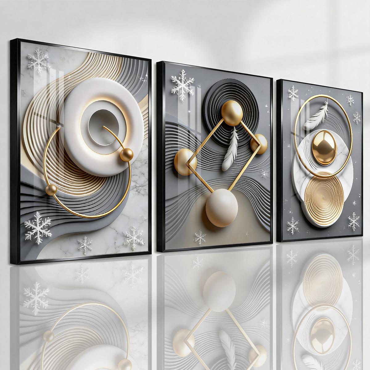 3 Counts Aluminum Alloy Framed Painting, Abstract Geometric Gold Feather Art Pictures, Home Decoration For Living Room, Bedroom, Office, Restaurant, Hallway Wall Decor, Odorless Print Artwork, Luxury Perfect Gift For Friends And Family