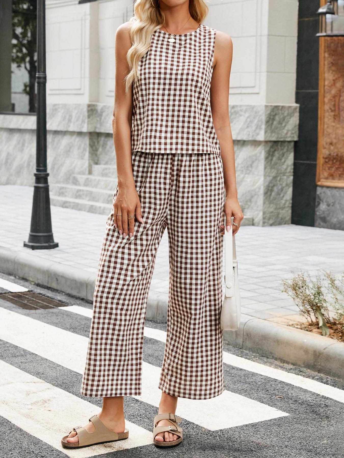 Women's Summer Plaid Vest Set, Elastic Waist Pocket Wide Leg Pants, Casual Comfortable Beach Vacation, Daily Wear, Casual Fashion Set