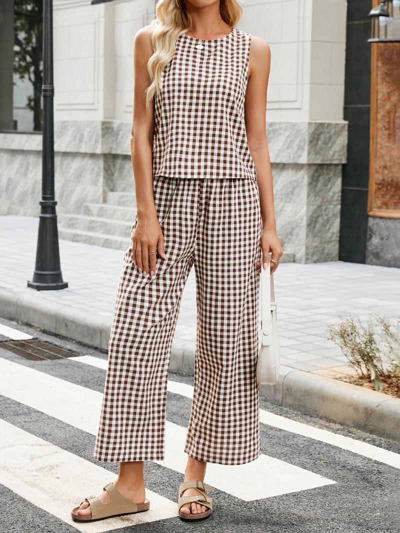 Women's Summer Plaid Vest Set, Elastic Waist Pocket Wide Leg Pants, Casual Comfortable Beach Vacation, Daily Wear, Casual Fashion Set