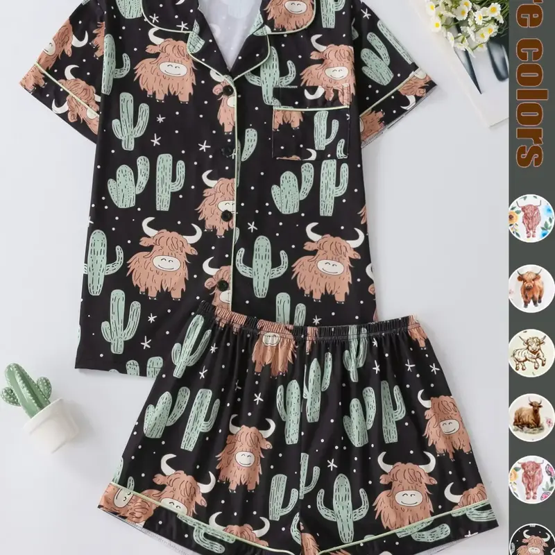 Women's All Over Cartoon Yak & Cactus Print Short Sleeve Pajama Two-Piece Set, Pajamas Lounge Set, Comfy Button Front Chest Pocket Design Lapel Neck Top & Elastic Waist Shorts PJ Set, Ladies Sleepwear for All Seasons