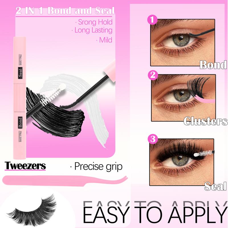 6 Styles False Eyelash Cluster Kit Bottom,/Spiky,/40D/60D/80D/100D Volume Lash Extensions Kit,  D-Curl 1100 Pcs Eyelash Cluster Kit With Lash Bond and Seal Tweezers Remover Eyelash Tools DIY at Home Easily