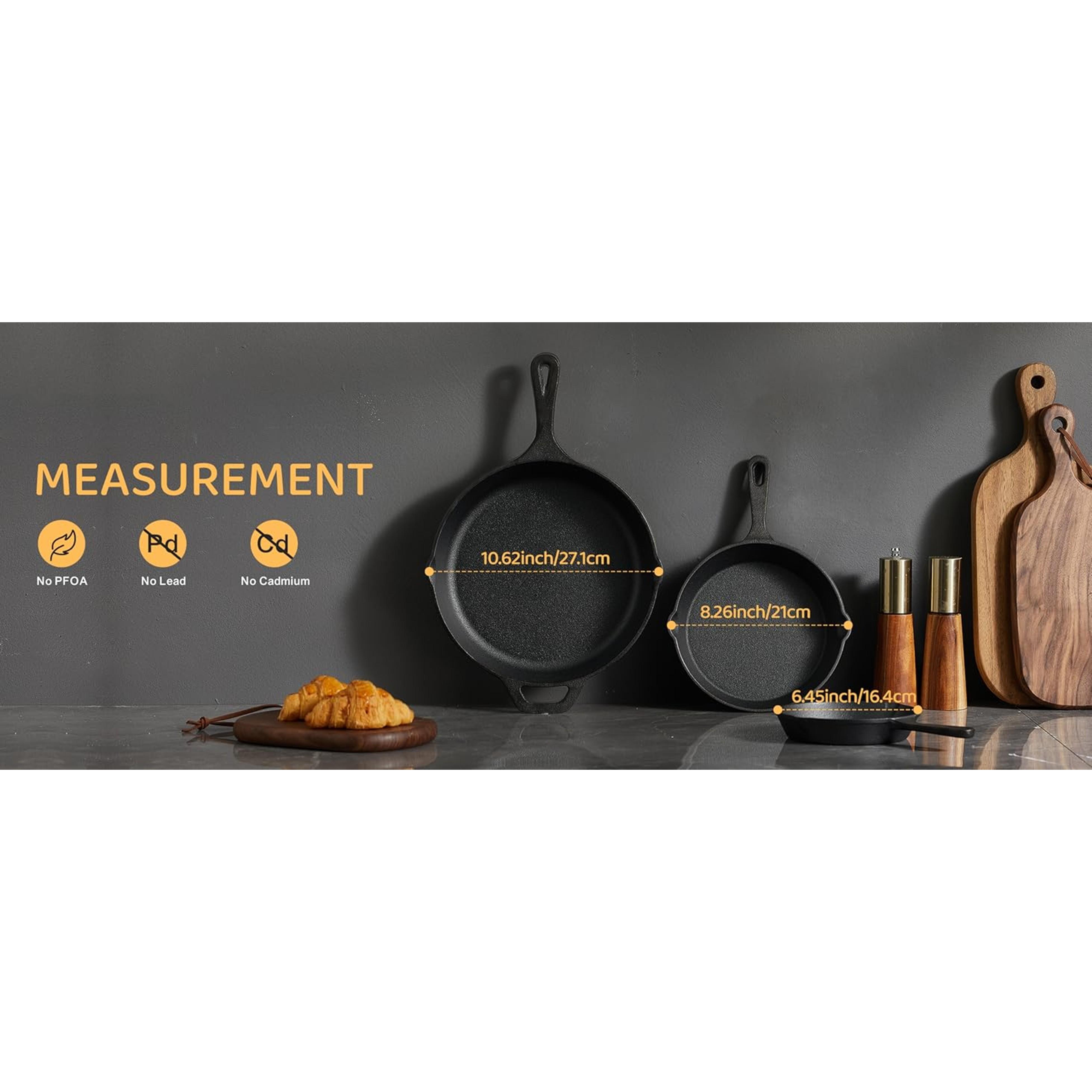 Cast Iron Skillet 3-Piece Set, Heavy-Duty Professional Restaurant Chef Quality Pre-Seasoned Pan Cookware Set, 6", 8", 10" Pans For Frying, Saute, Cooking, Use Indoor/Outdoor, Oven, Grill