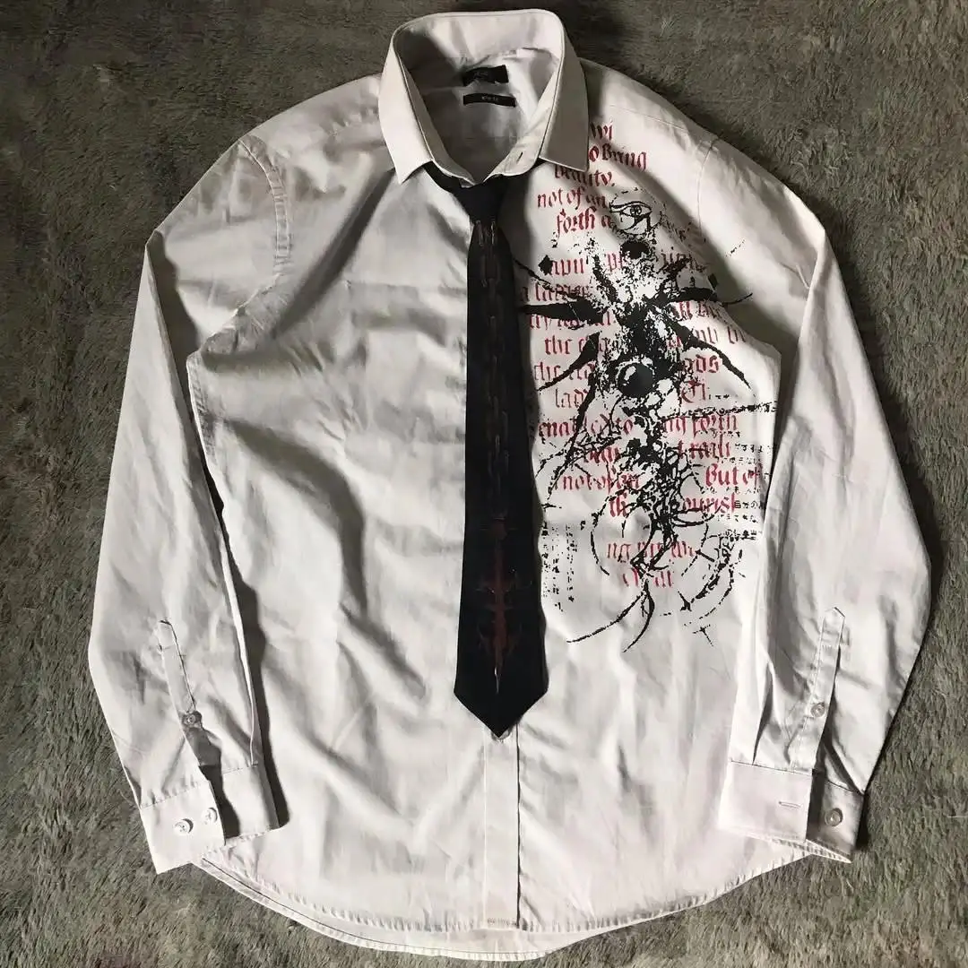 Y2K Gothic Style Long Sleeves Shirt Affliction Harajuku Retro V-neck Shirt Men Skull Scripture Printing Tee Fashion Tops