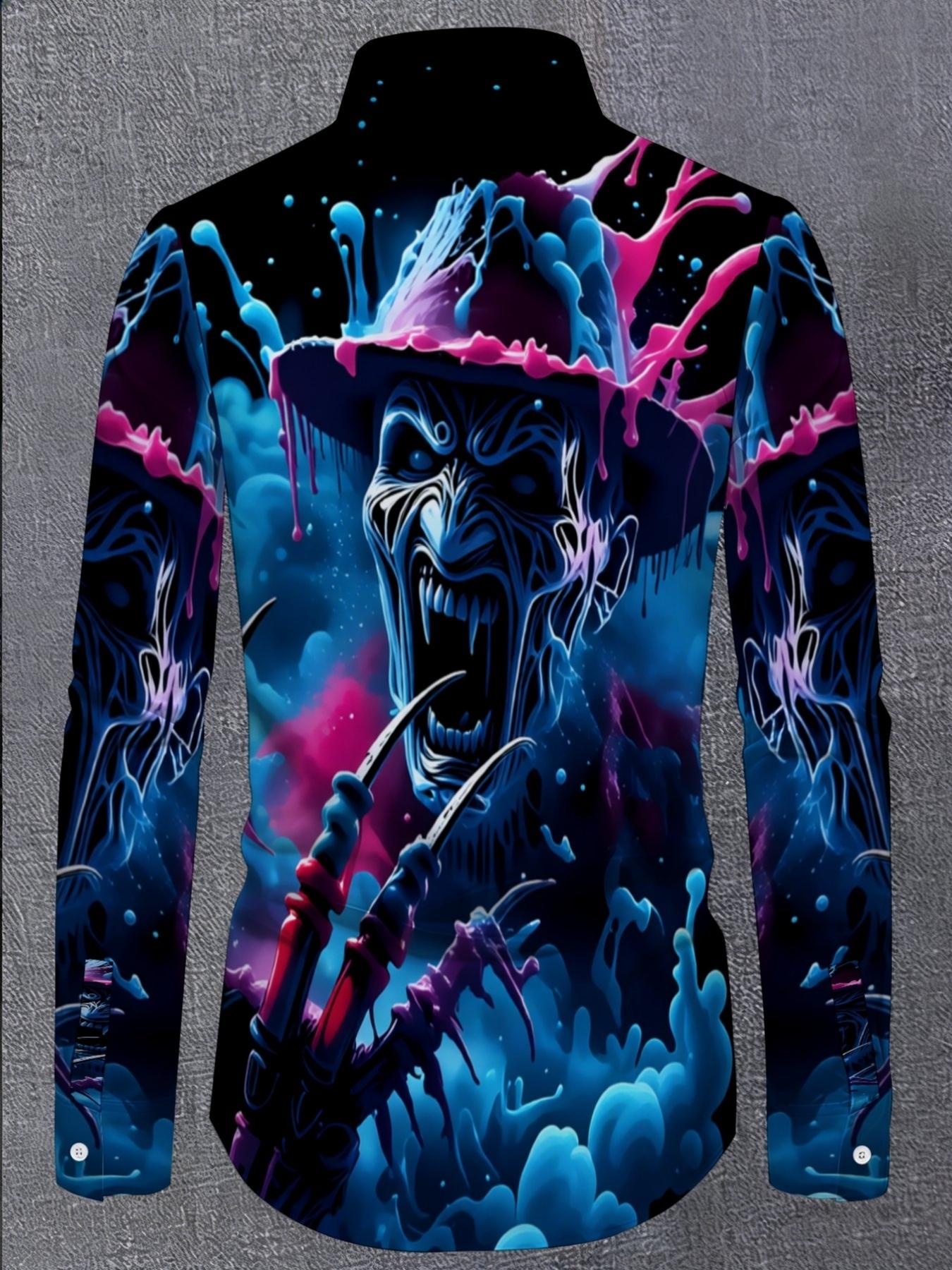 Men's Summer Long Sleeve Shirt Fashion Casual with a Freddy Krueger-style neon horror splatter print Button Shirt