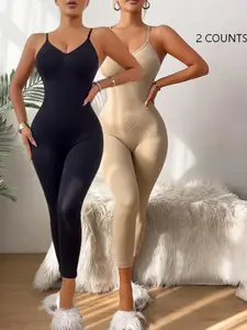 Women's Fall Winter Seamless Shapewear Long Pants, High Waist Slimming Bodycon Jumpsuit, Plus Size Backless Seven-Eighth Leggings, Compression Shapewear Jumpsuit, Tight Fitting Jumpsuit, Fitted Jumpsuit