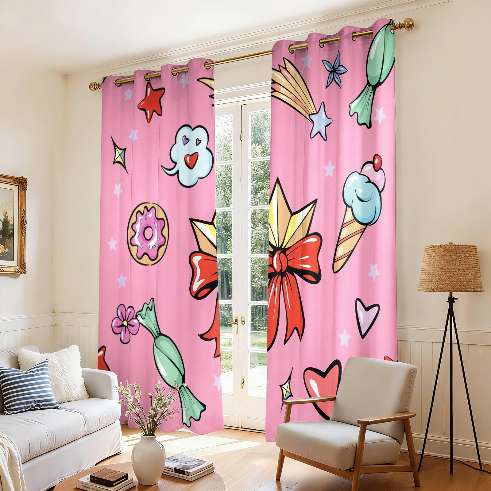 2 Panels Cute Candy Curtains, 80%-90% Light Blocking Printed Curtains, Cartoon Sweet Darkening Curtains, Kawaii Dessert Decoration Curtains for Girls Bedroom