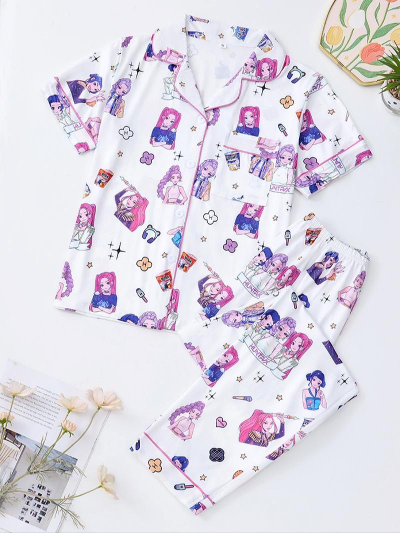 K-Pop Demon Hunter Women's Cartoon Pajama Set, Casual Fitted Two-Piece Sleepwear, Short Sleeve Top & Elastic Waist Pants, Spring & Fall