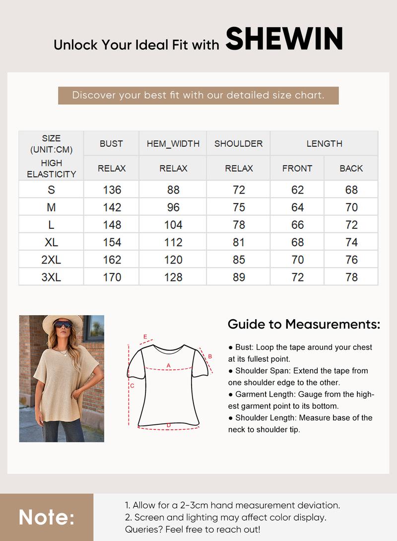 Shewin 2026 Spring/Summer Oversized Cozy Ribbed Knit Top Women’s Crew Neck Short Sleeve Pullover Elegant Solid Color Knitwear with Side Slit for All-Season Casual Outfits