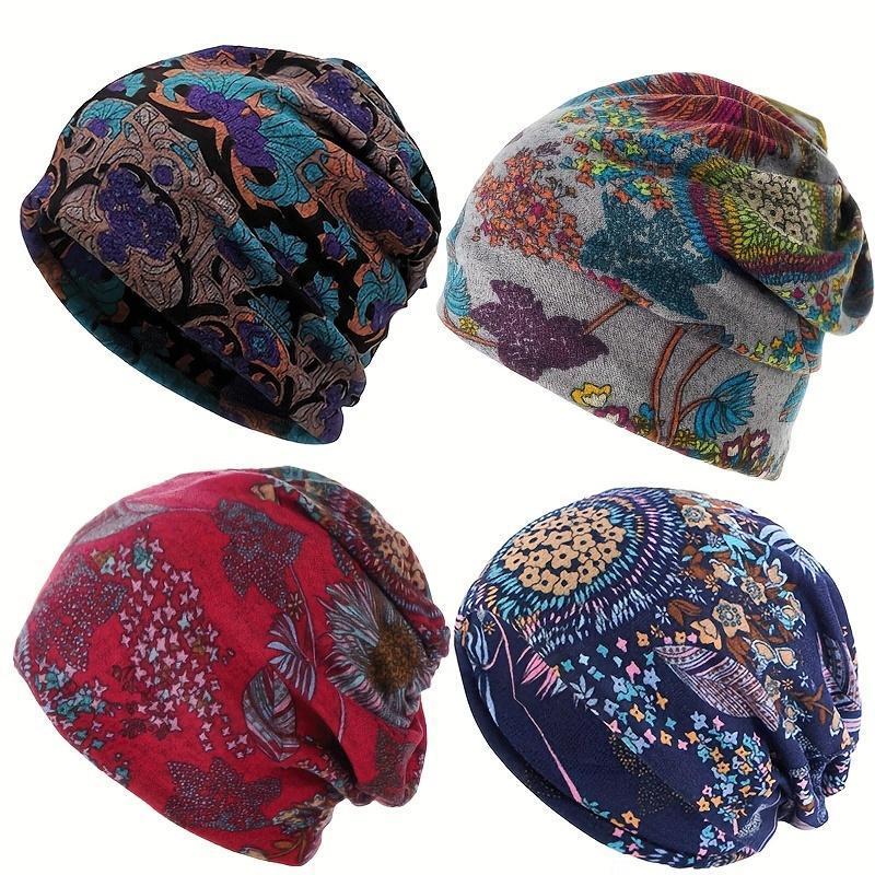 Women's 4-Piece Decorative Knit Fabric Head Covering Hats Set - Bohemian Floral Printed, Brimless, Elastic, Lightweight Multifunctional Fall Winter Warm Headscarf Neck Cover for Chemotherapy Patients