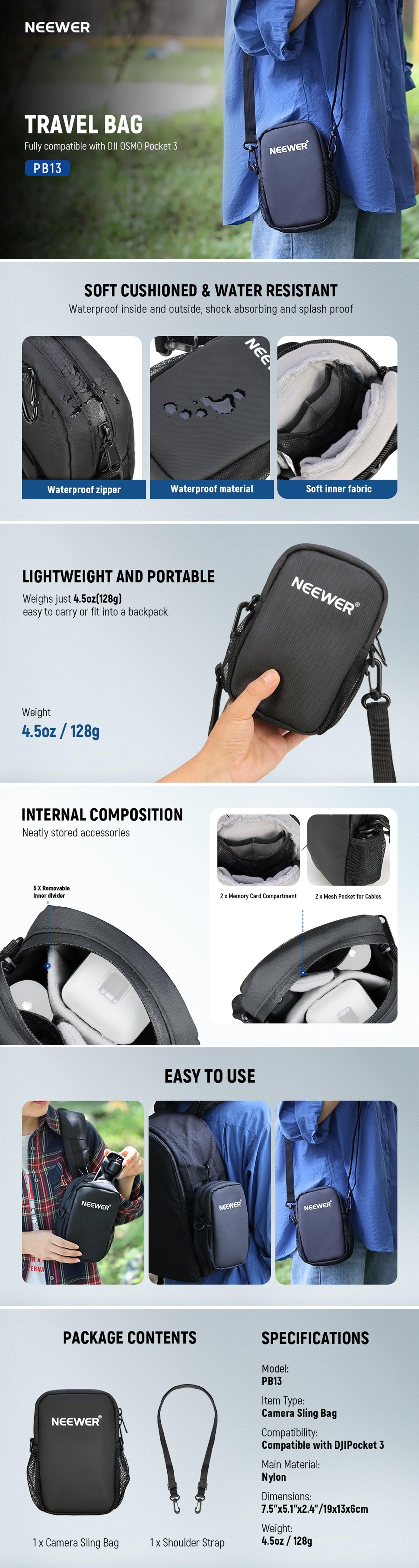 NEEWER BASICS PB13 Camera Sling Bag, Water Resistant Lightweight Compact Travel Case Crossbody for Photographers, Compatible with DJI Osmo Pocket 3 iPhone DSLR Mirrorless Small Photography Accessories