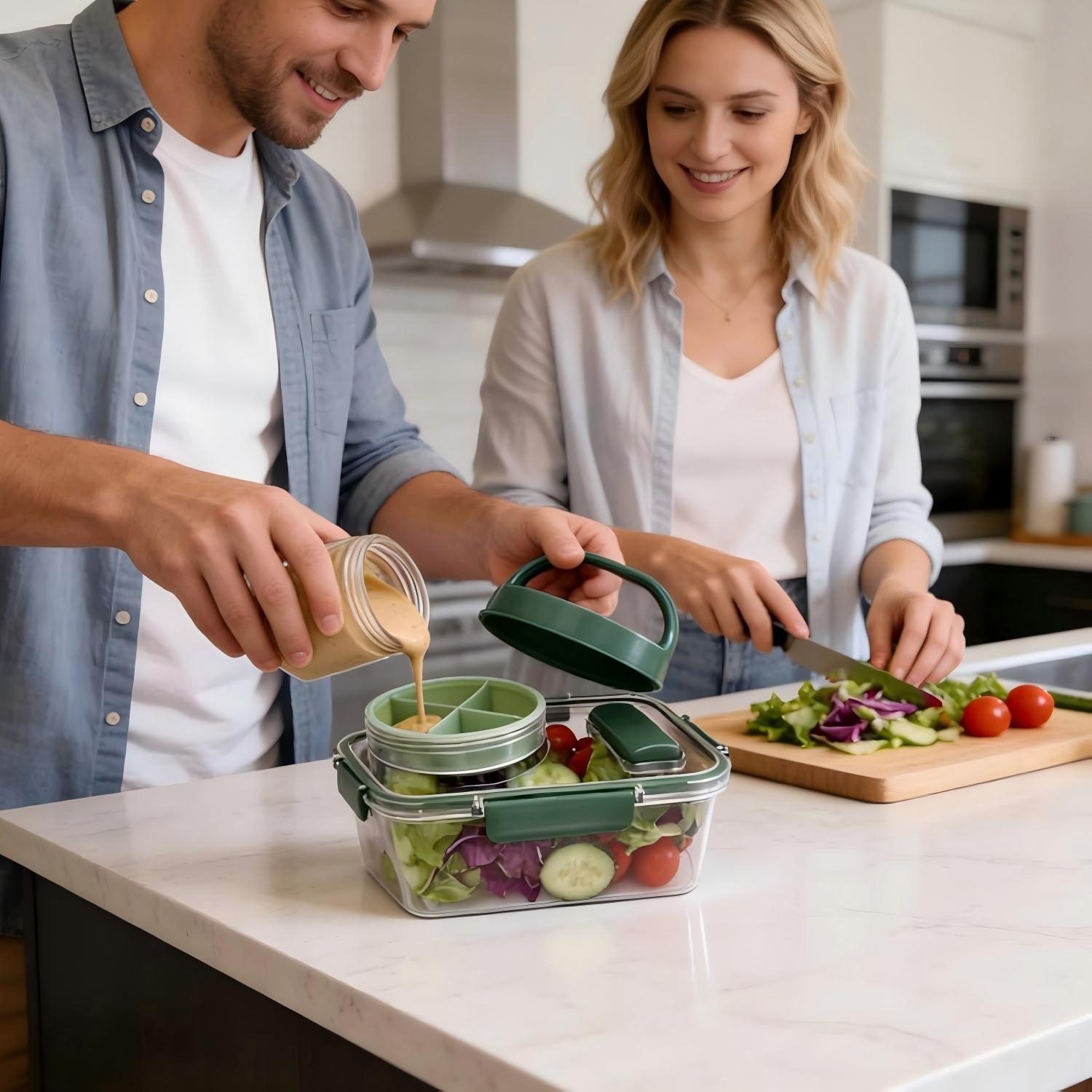 Portable Salad Bowl with Side Open Lid, Fruit Vegetable Food Storage Box, Reusable Lunch Container, Ideal for On-The-Go Meals