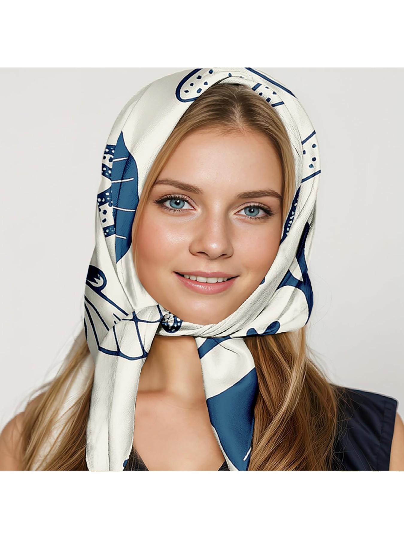 Blue Nautical Shell Star Satin Towel for Women, Beach Vacation Essential, Summer Coastal Accessory, Retro Hair Scarf, Square Scarf