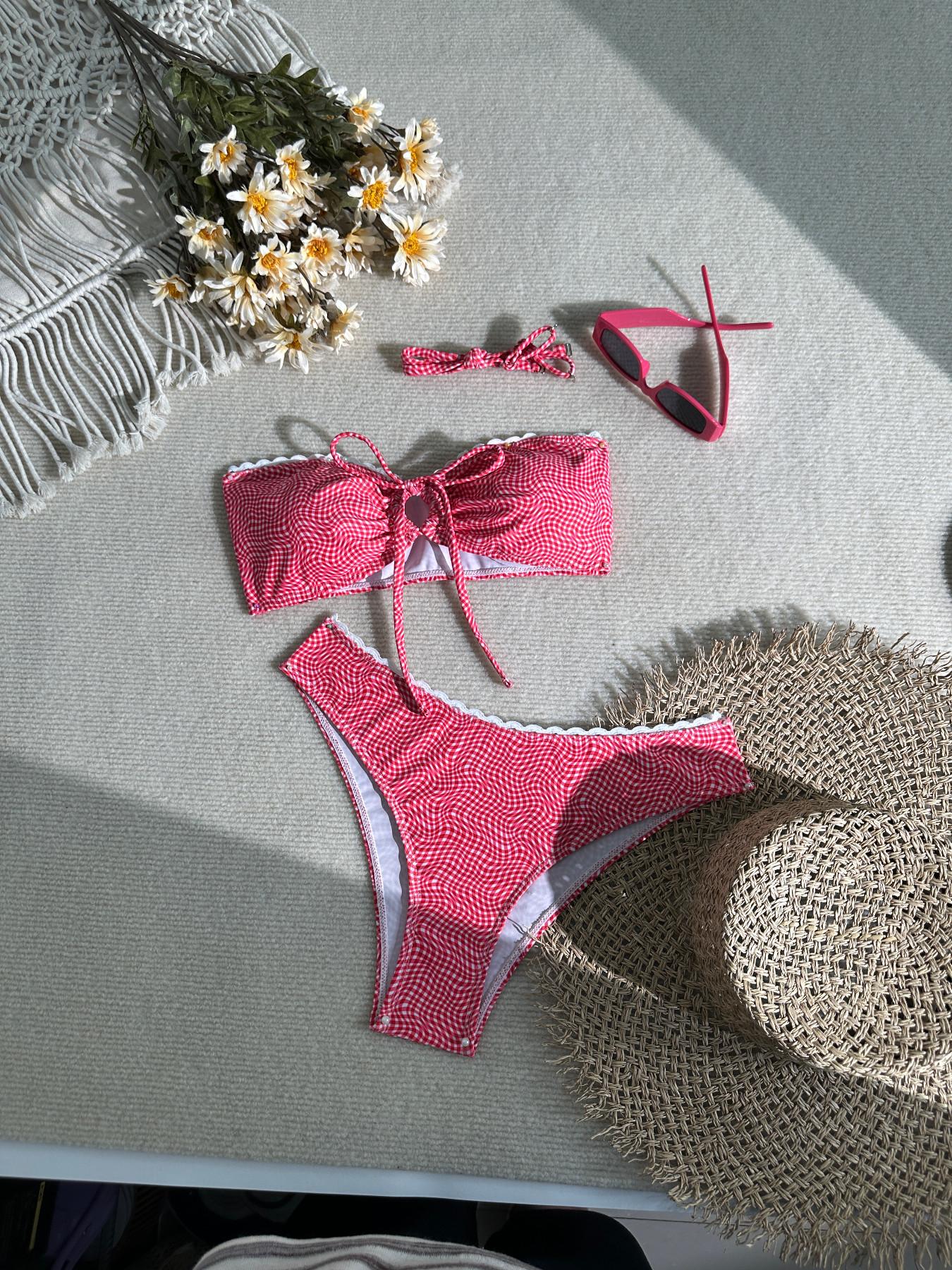 2026 New Retro Red Gingham Bandeau Bikini, Lace Trim Tie Front Convertible Strap Two Piece Swimsuit, High Cut Summer Beach Vacation Swimwear