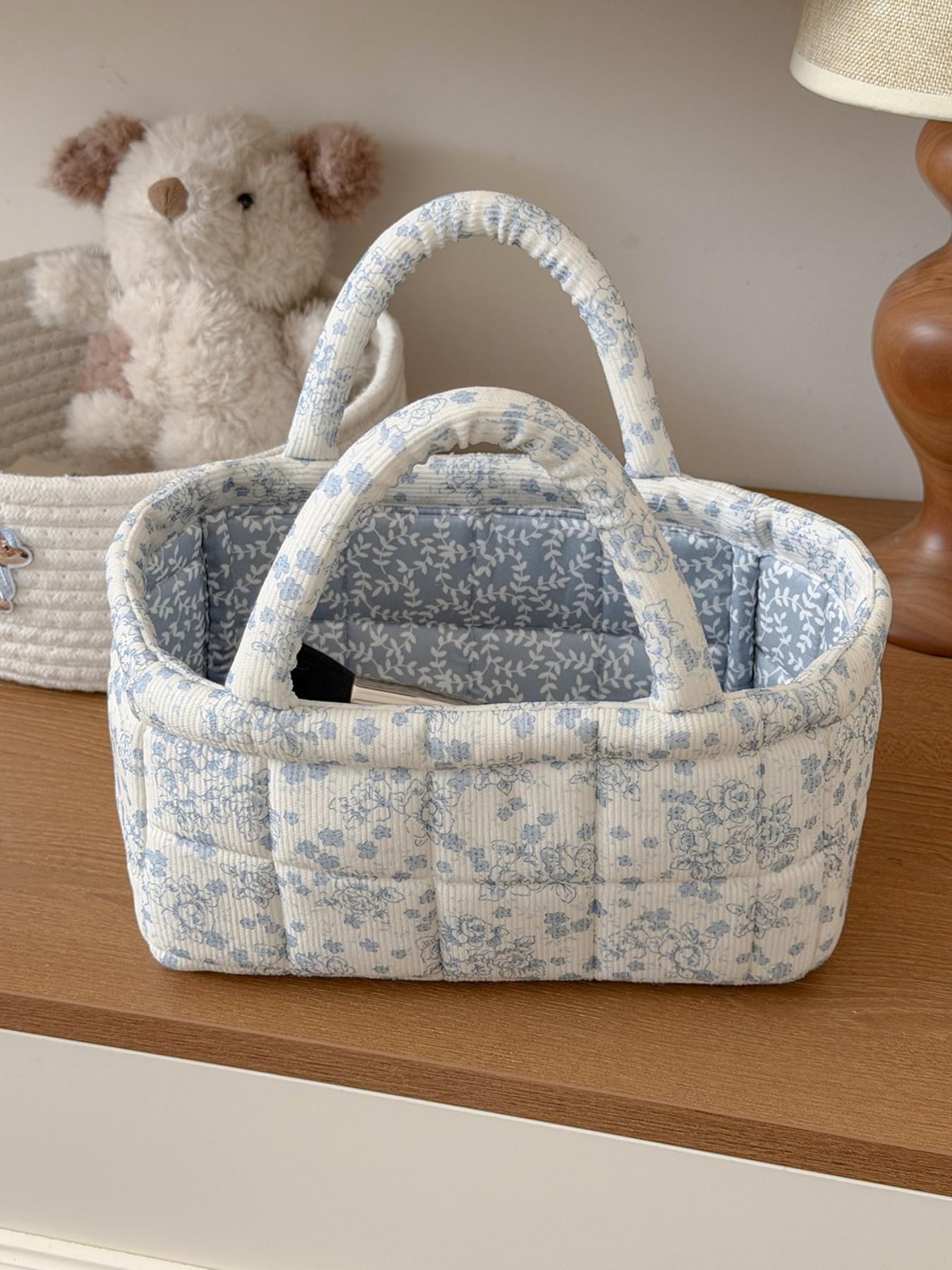 Floral Quilted Fabric Storage Basket,  Style Handheld Organizer Bin for Cosmetics & Sundries,ONLY SELL 1PC