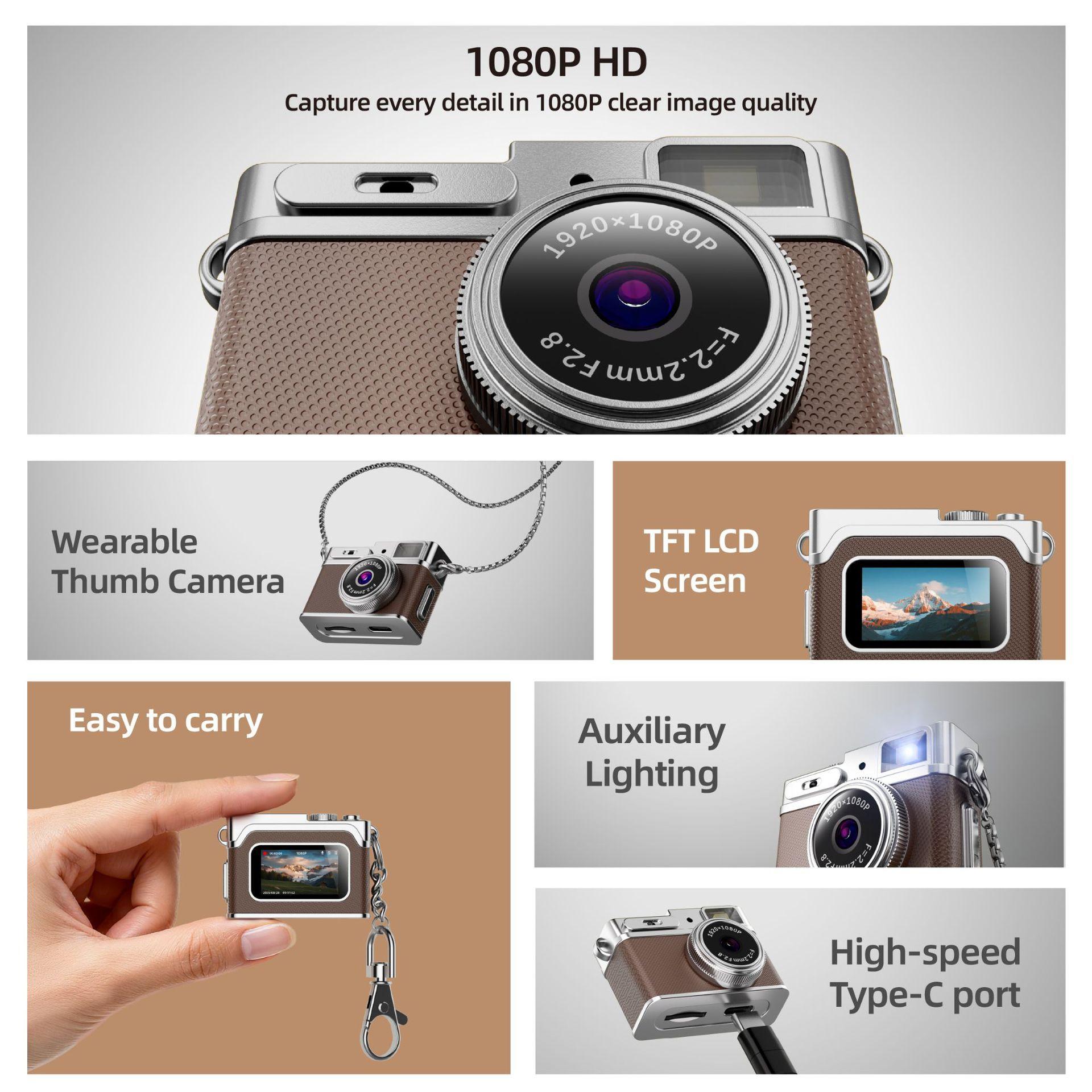 HD 1080P Retro Camera Keychain Mini Camera, 0.96 Inch HD Screen, Long Lasting Battery, Includes 8GB TF Memory Card
