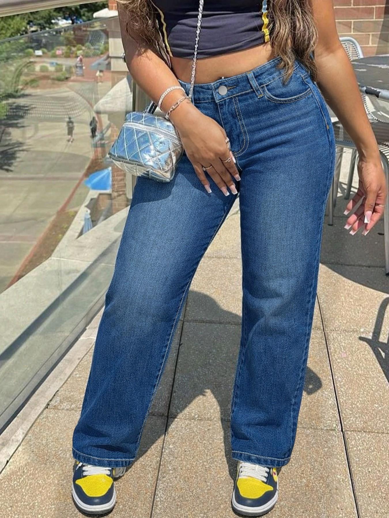 Women's Spring & Fall Fashion Jeans, Washed Blue Elastic Slim Fit Straight Leg Pants, Casual Commuter Denim Trousers