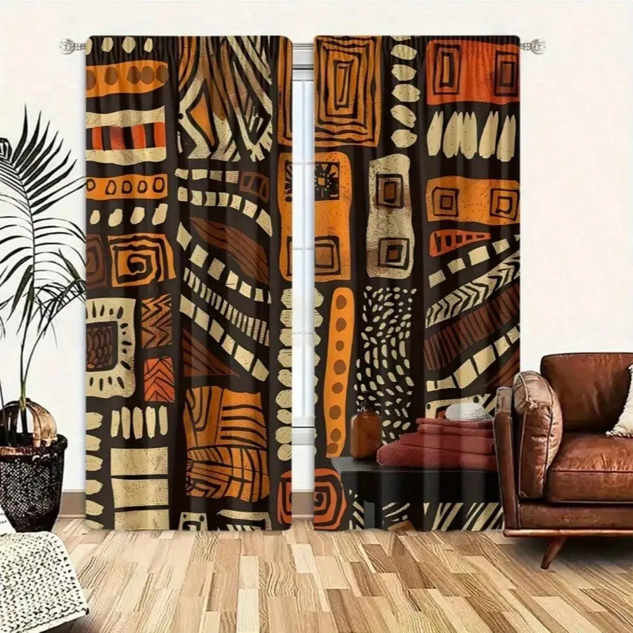 2 pieces of high-definition digital African tribal geometric earth-tone abstract art print decorative curtains, suitable for bedroom and living room decoration, home decoration