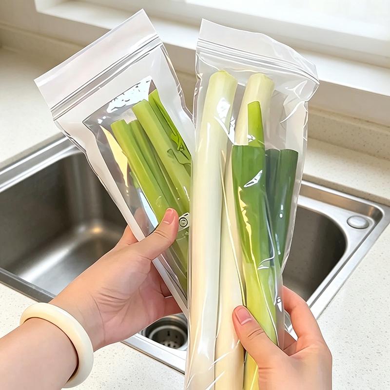 50pcs Grade PE Plastic Long Strip Storage Bags with Snap Buttons - Airtight Seal Kitchen Preserving Containers, Disposable Durable Transparent, Space-Saving for Refrigerator Fruits, Meat