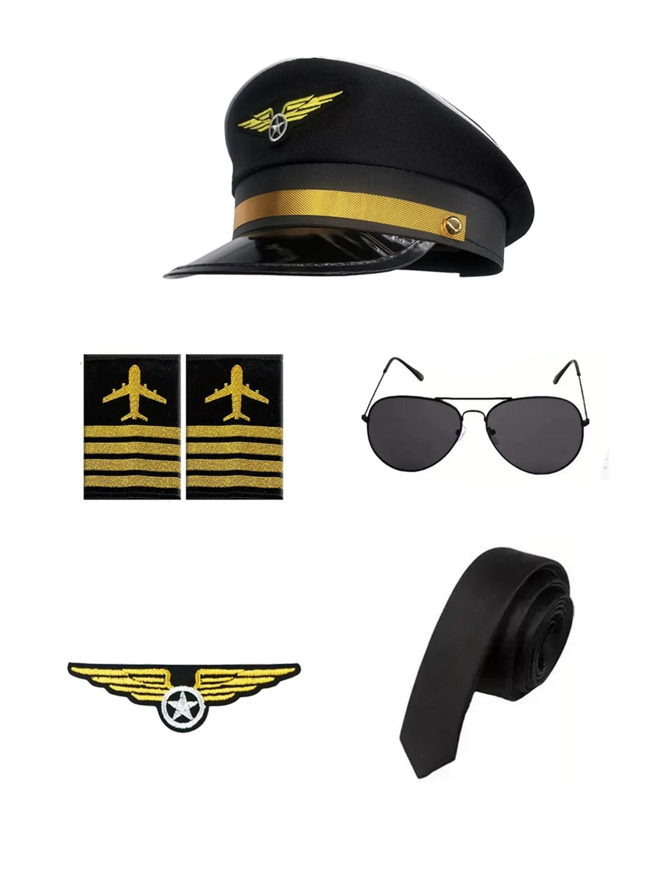 5-Piece Cosplay Pilot Costume Set for Women, Includes Hat, Badge, Shoulder Patch, Tie, Sunglasses, Gloves, Perfect for Halloween Parties