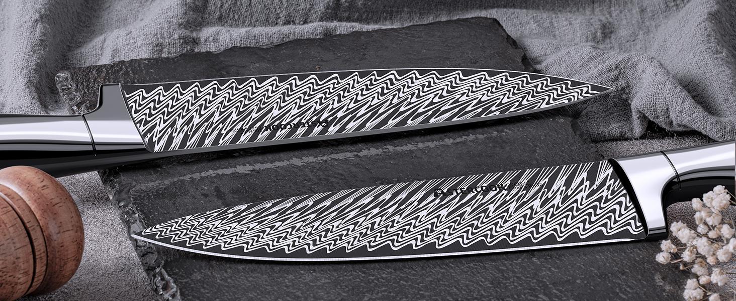 Astercook Knife Set, 14 Pieces Kitchen Knife Block Set with Built in Knife Sharpener Block, Dishwasher Safe, German Stainless Steel, Best Gift, Silver Wood Steak Wooden