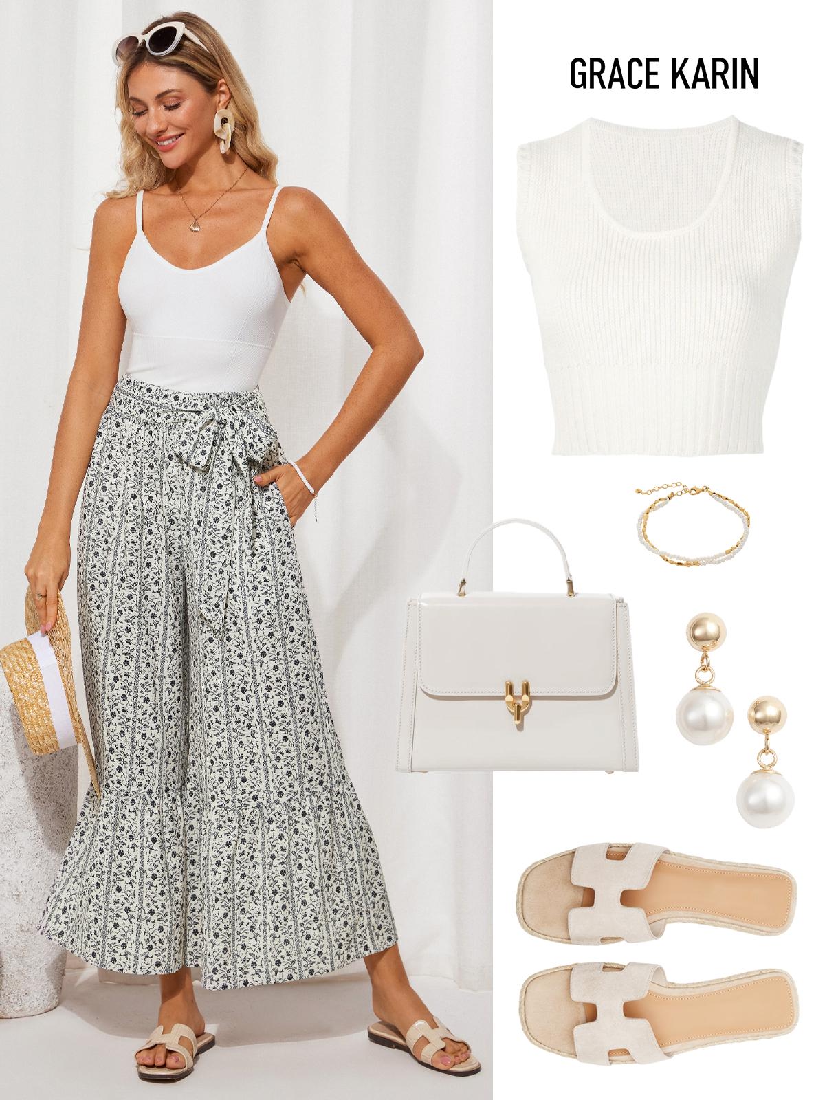 Grace Karin Women Elastic Waist Flared Pants Casual Vacation Full Length Bell-Bottoms SpringStatements Grace Karin Women Elastic Waist Flared Pants Casual Vacation Full Length Bell-Bottoms SpringStatements