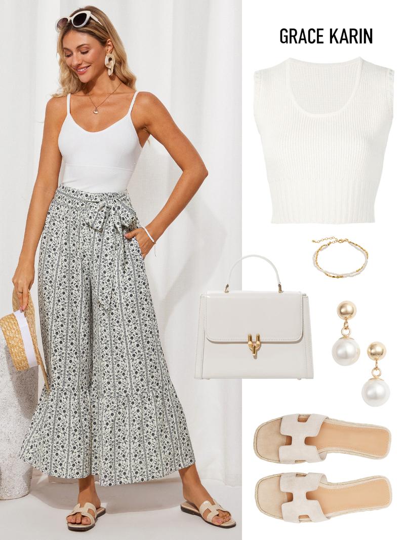 Grace Karin Women Elastic Waist Flared Pants Casual Vacation Full Length Bell-Bottoms