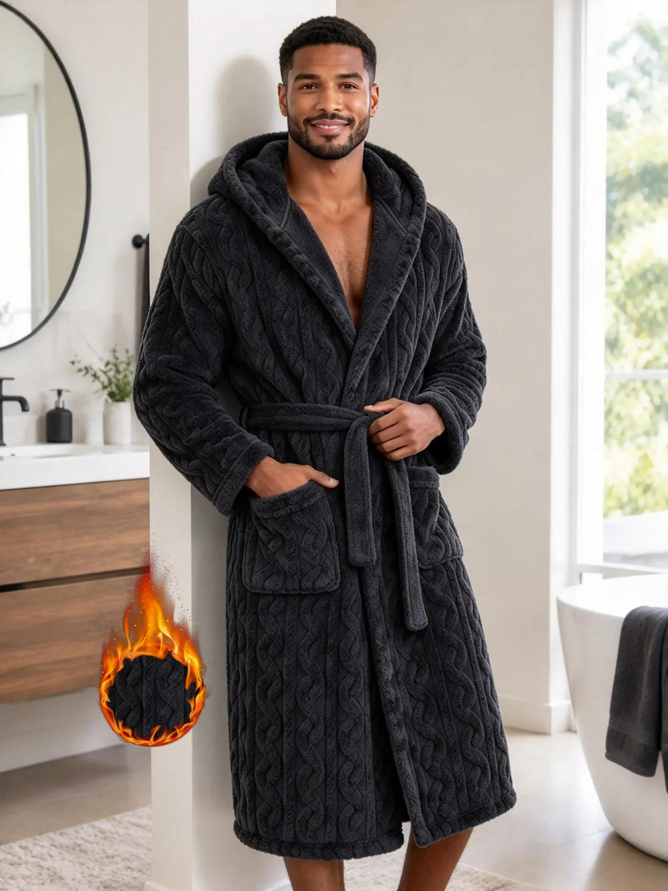 Men's Knit Fuzzy Hooded Bathrobe, Thick Warm Skin-Friendly, Post-Shower Home Wear, Long Sleeve Tie Sleep Robe, Comfortable Home Clothes, 1 Piece