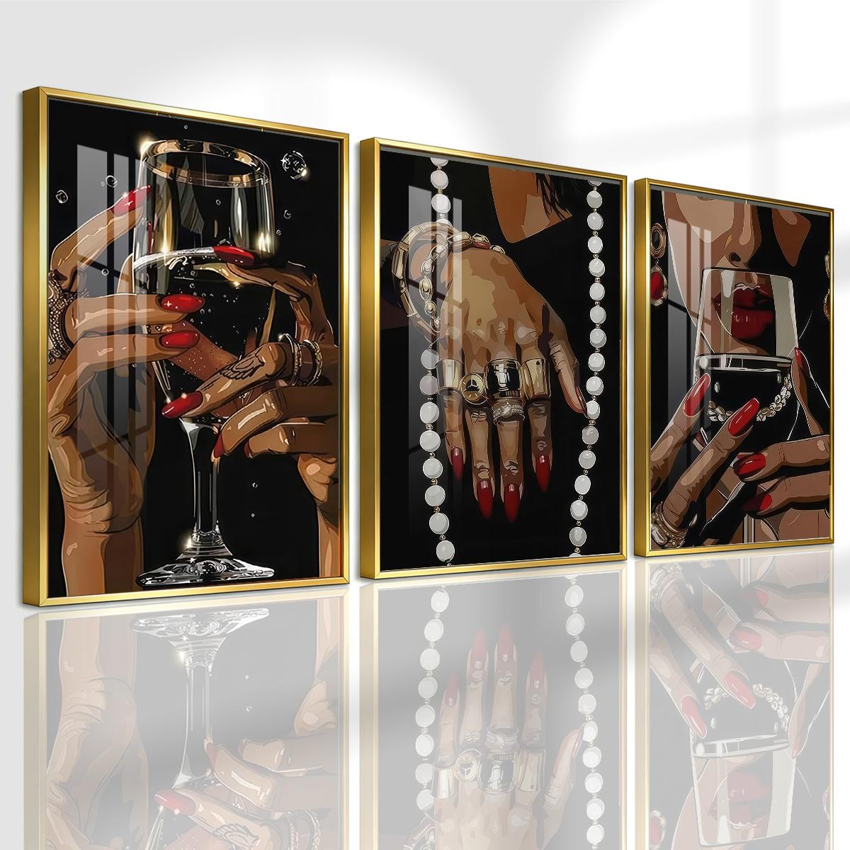 3 Counts Aluminum Alloy Framed Painting, Elegant Woman Hands With Wine Glass And Jewelry Pictures, Home Decoration For Living Room, Bedroom, Office, Restaurant, Hallway Wall Decor, Odorless Print Artwork, Luxury Perfect Gift For Friends And Family