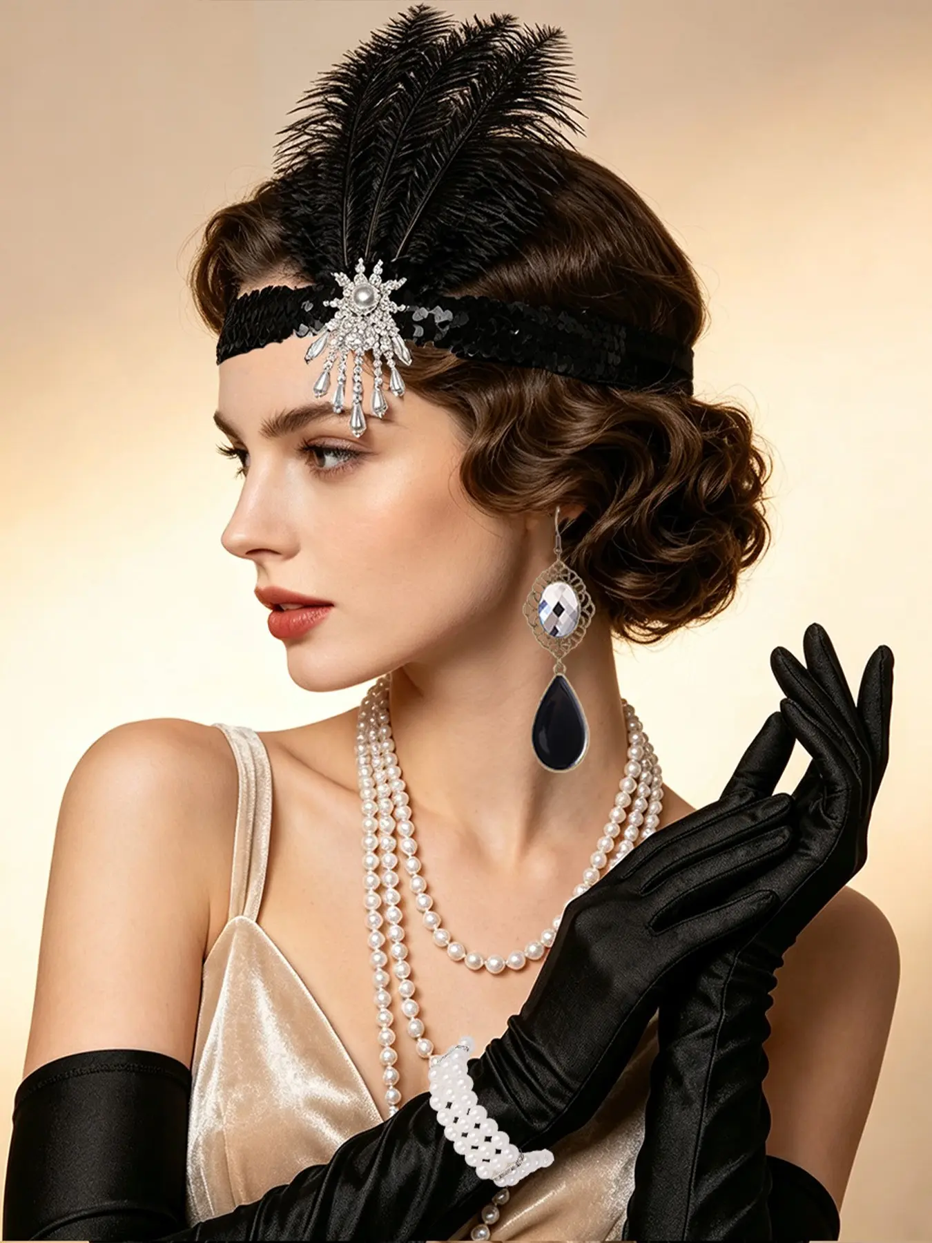 6pcs 1920s Retro Chic Accessories Set, Feather Imitation Glitter Headband, Pearl Necklace, Gloves, Halloween Party Flapper Costume