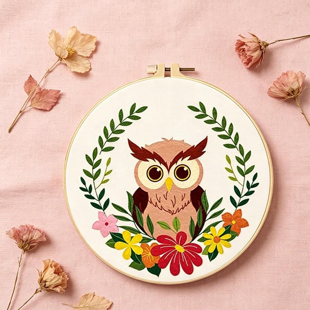 Animal Theme Embroidery Kit for Beginners, Owl Pattern Hand Sewing Set, Includes Fabric, Threads, Tools, Hoop, Instructions, Home Decor, Gift
