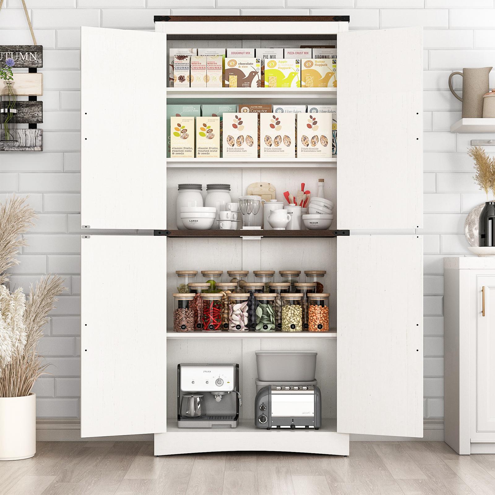 71in Farmhouse Kitchen Pantry Cabinet,Tall Storage Cabinet with 4 Doors and Adjustable shelves,with Load-Bearing Steel Pipe,Wood Storage Cabinets for Kitchen,Dining Room,Bathroom