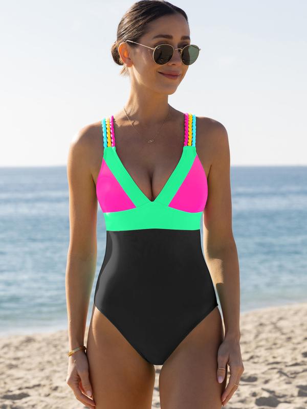 Popvil Back Strappy Plunge Color Block One Piece Swimsuit Tummy Control High Waisted Neon Swimsuit for Women, Neon One Piece