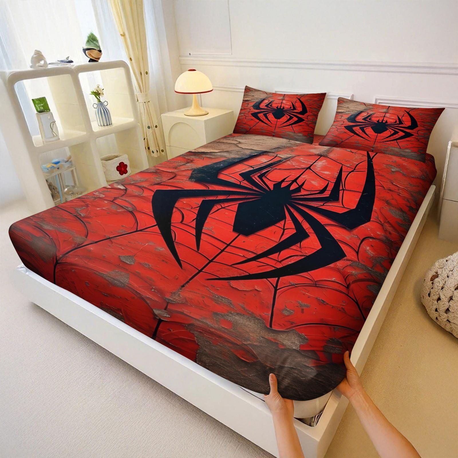 Spider Pattern Bedding Set (1 Fitted Sheet + 2 Pillowcases), Deep Pocket Fitted Sheet, Modern Home Essential Decorative Bedding
